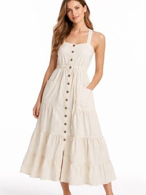 Free People Linen Maxi Dress Cream Tiered Boho Cottagecore Button Front XS